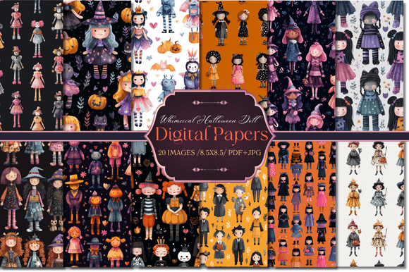Download Whimsical Halloween Doll Digital Papers - Halloween Collection